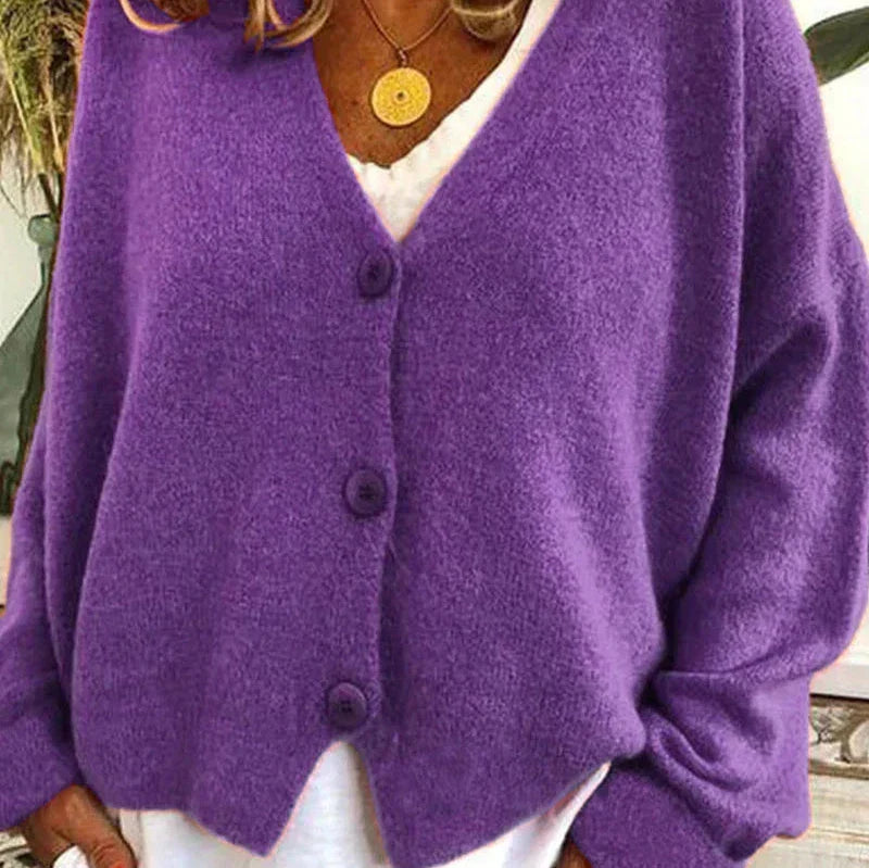 Dame Cardigan med V-Hals og Knapper