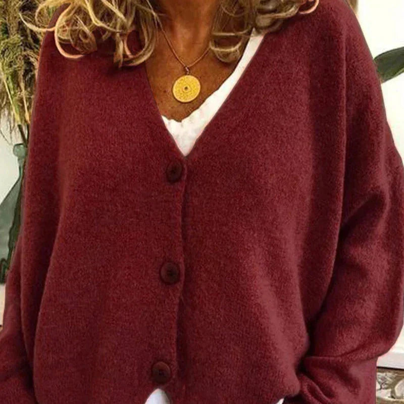 Dame Cardigan med V-Hals og Knapper