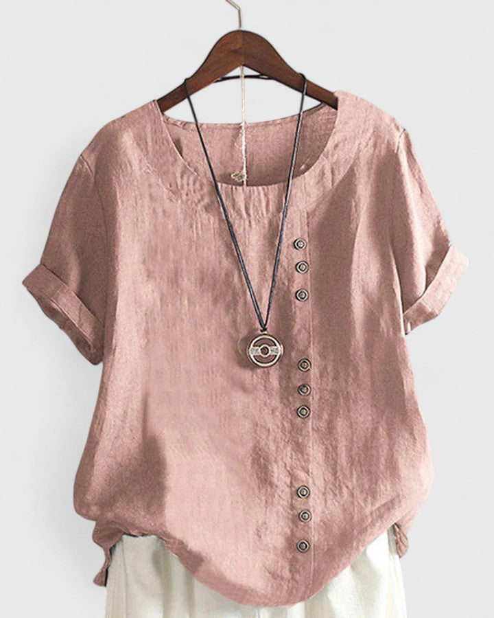 Dame Kortærmet Bluse med Rund Hals og Knapper