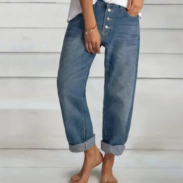 Dame Vide Højtaljede Jeans med Knapper - Blå