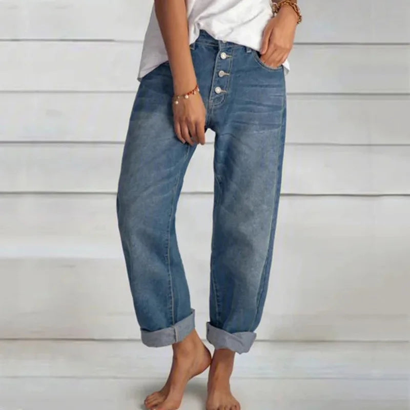 Dame Vide Højtaljede Jeans med Knapper - Blå
