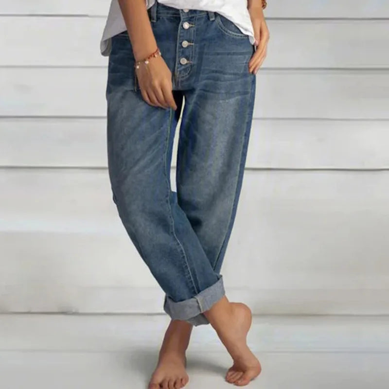 Dame Vide Højtaljede Jeans med Knapper - Blå