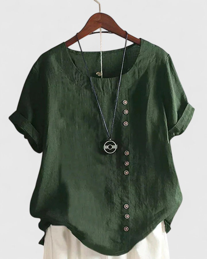 Dame Kortærmet Bluse med Rund Hals og Knapper
