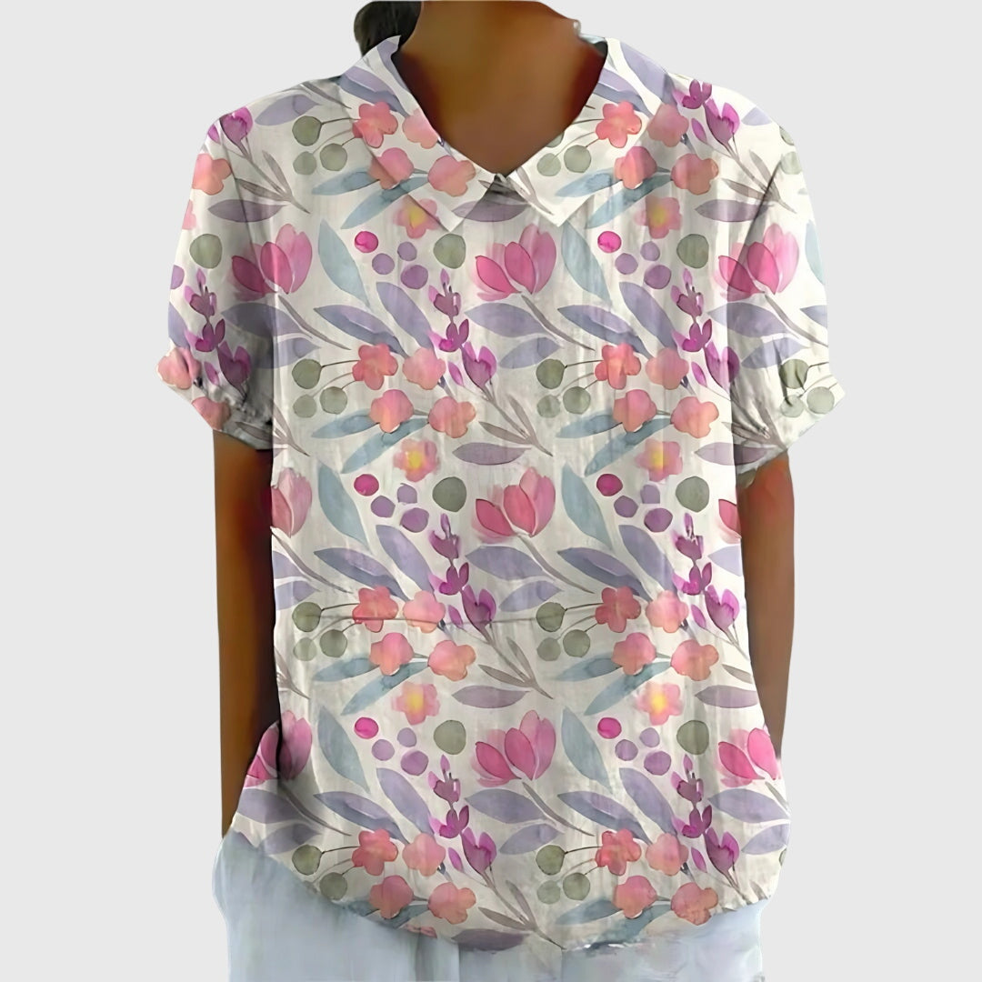 Dame Blomstret Bluse med Korte Ærmer