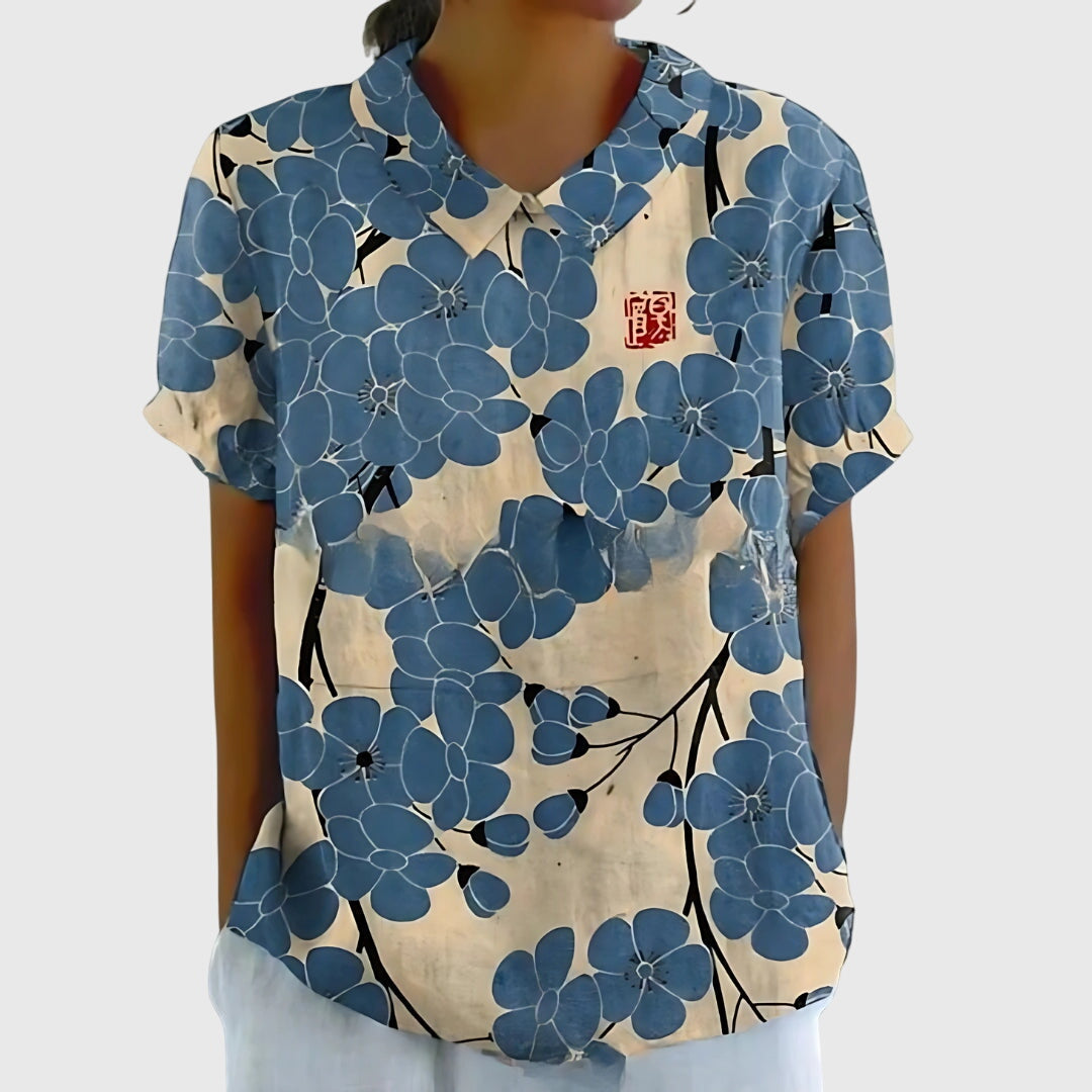 Dame Blomstret Bluse med Korte Ærmer