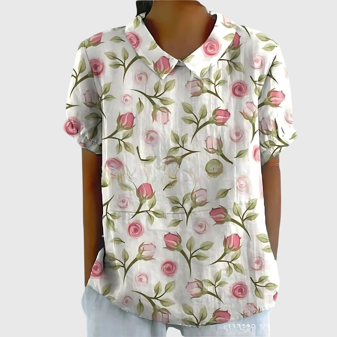 Dame Blomstret Bluse med Korte Ærmer