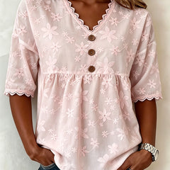 Dame Blomstret Bluse med V-Hals og Blonde