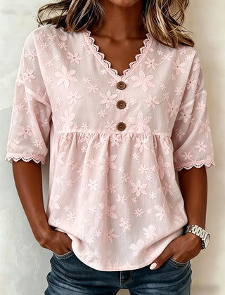 Dame Blomstret Bluse med V-Hals og Blonde