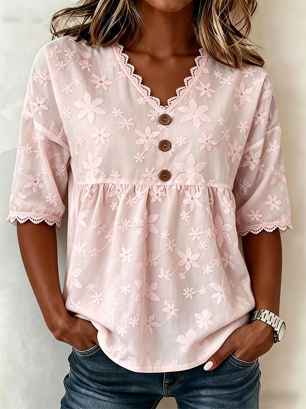 Dame Blomstret Bluse med V-Hals og Blonde