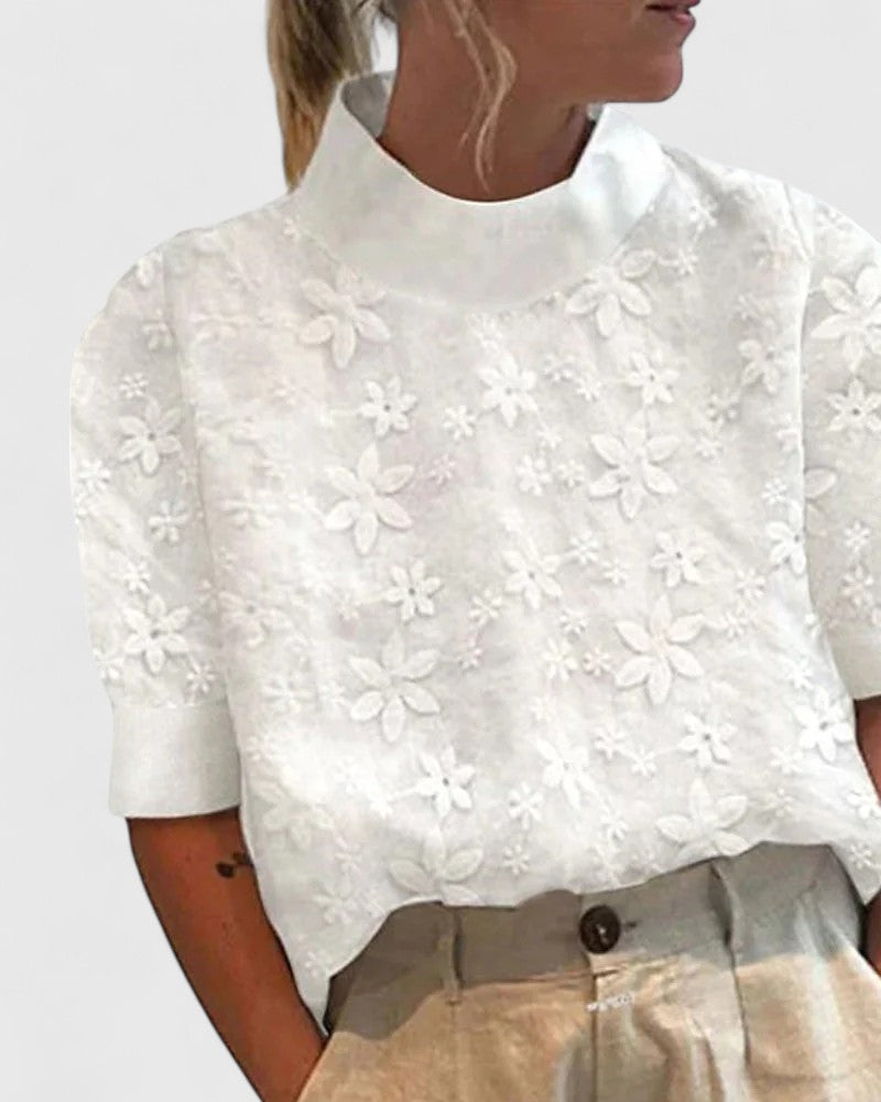 Dame Bluse med Ståkrave og Blomsterbroderi - Hvid
