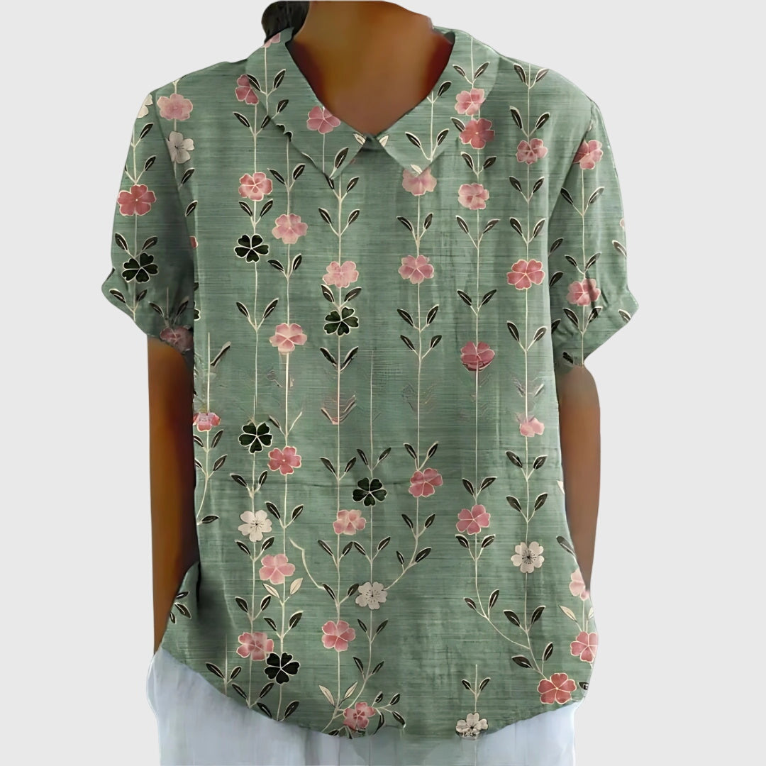 Dame Blomstret Bluse med Korte Ærmer