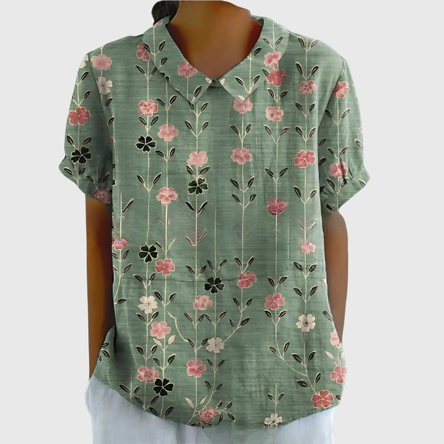 Dame Blomstret Bluse med Korte Ærmer