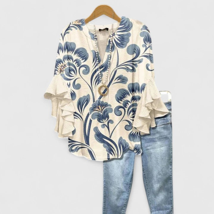 Dame Blomstret Bluse med Flæseærmer