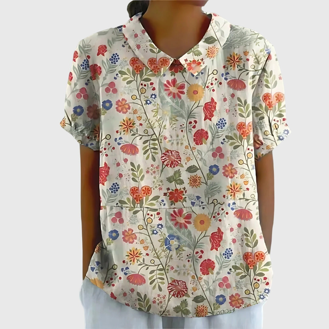 Dame Blomstret Bluse med Korte Ærmer