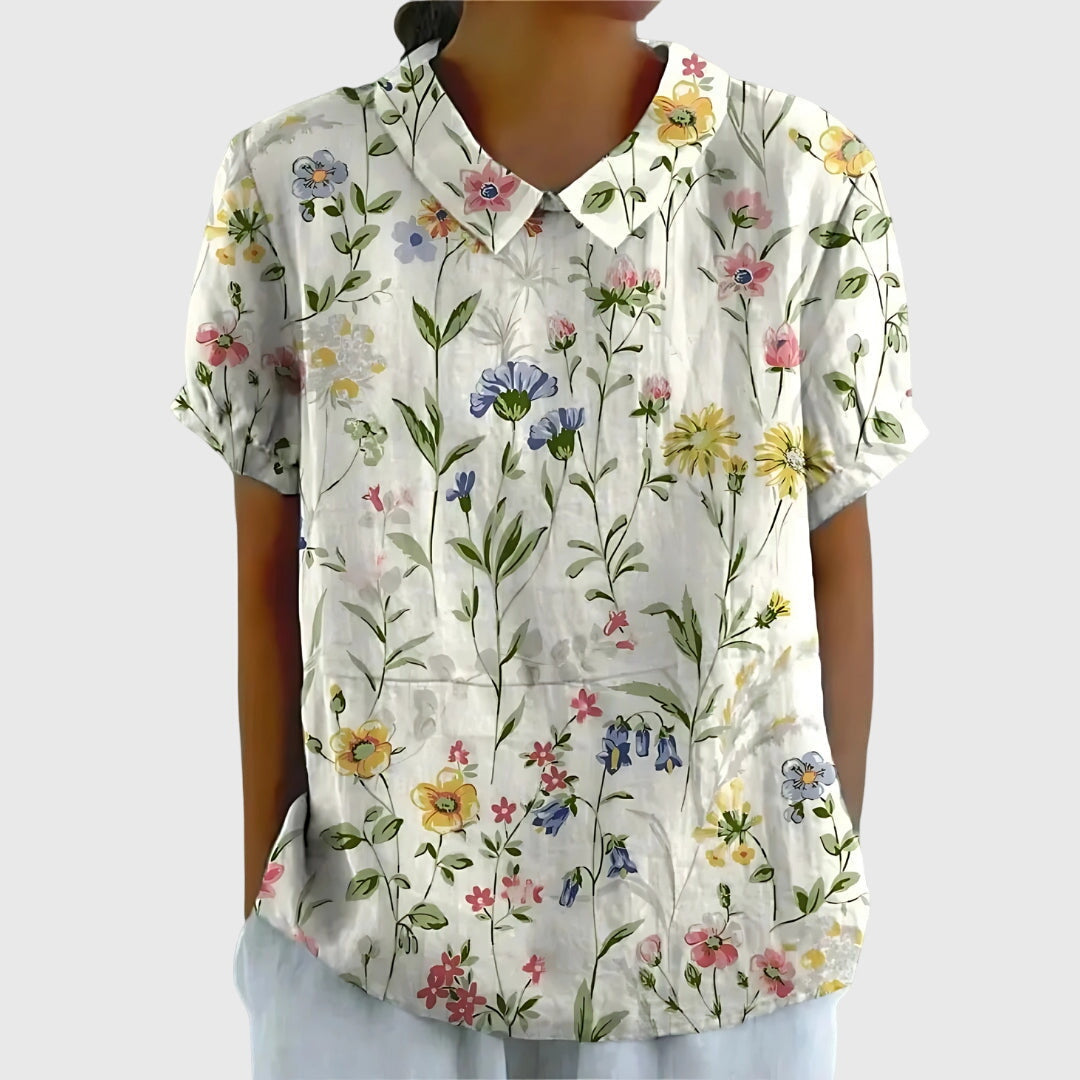 Dame Blomstret Bluse med Korte Ærmer