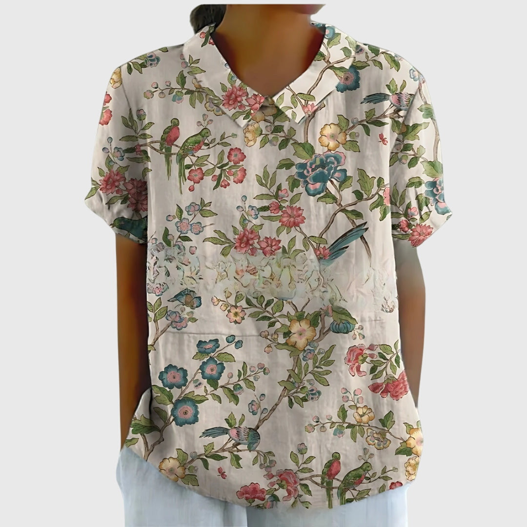 Dame Blomstret Bluse med Korte Ærmer