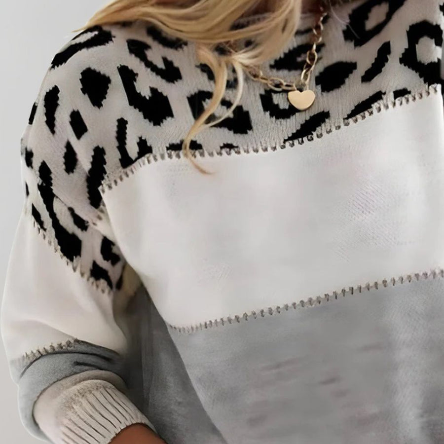 Dame Leopard Striktrøje i Colorblock