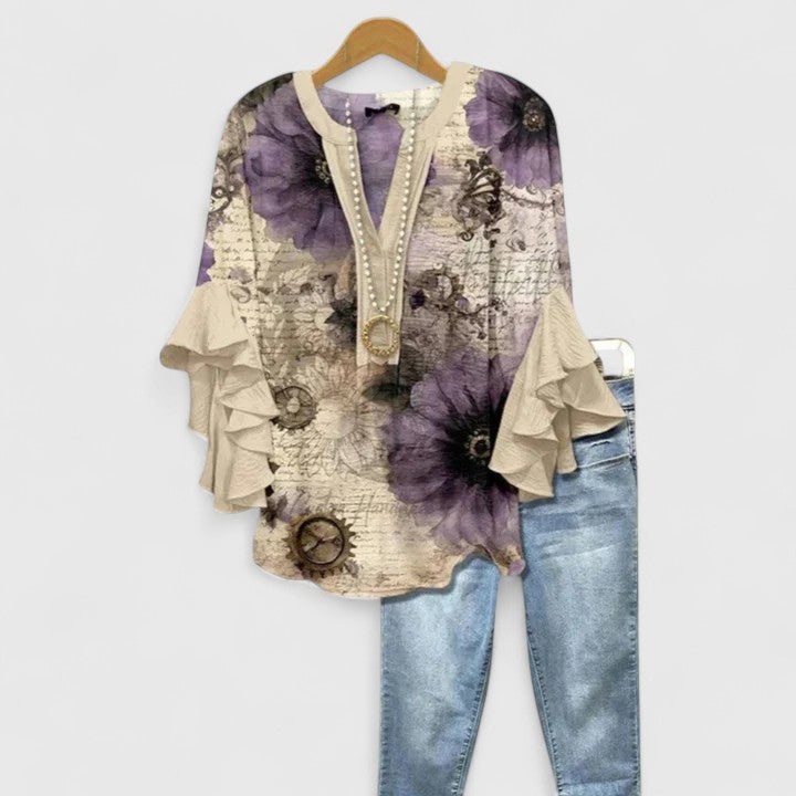 Dame Blomstret Bluse med Flæseærmer