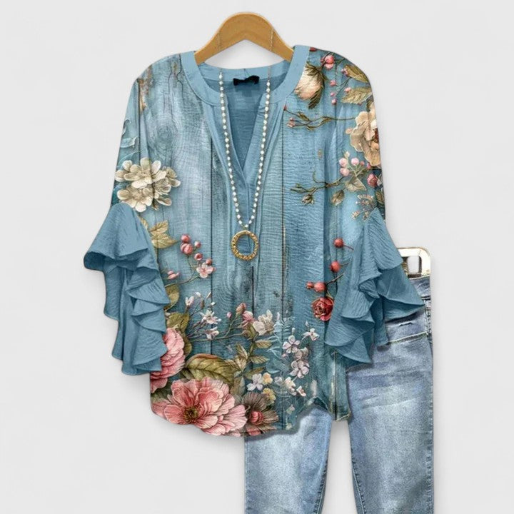 Dame Blomstret Bluse med Flæseærmer