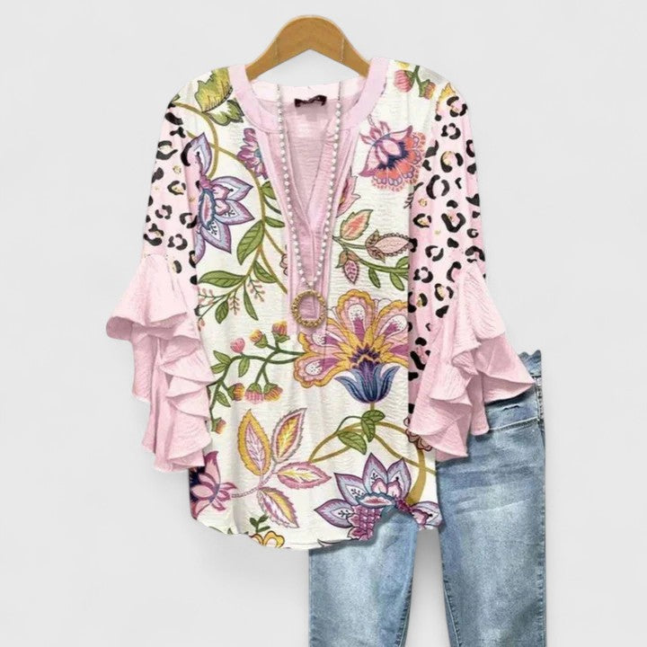 Dame Blomstret Bluse med Flæseærmer
