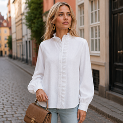 Dame Bluse med Høj Hals og Flæser