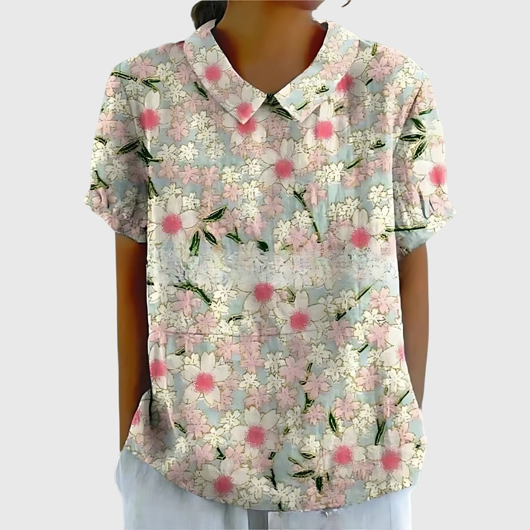 Dame Blomstret Bluse med Korte Ærmer