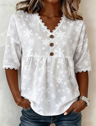 Dame Blomstret Bluse med V-Hals og Blonde