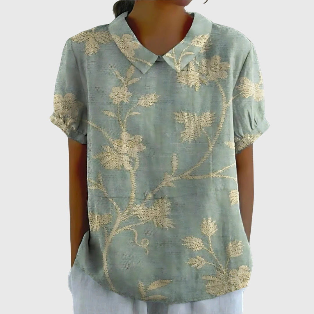 Dame Blomstret Bluse med Korte Ærmer