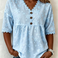 Dame Blomstret Bluse med V-Hals og Blonde