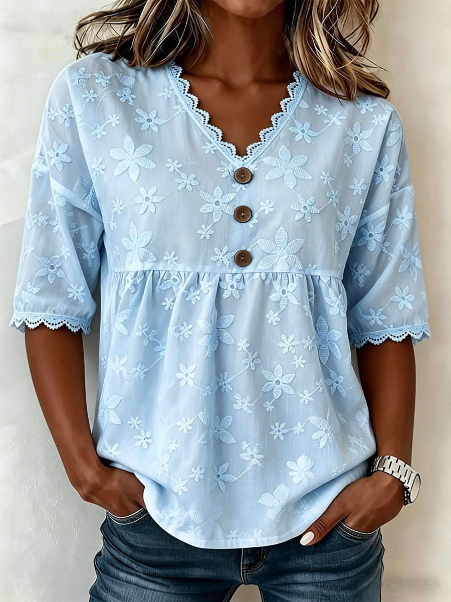 Dame Blomstret Bluse med V-Hals og Blonde