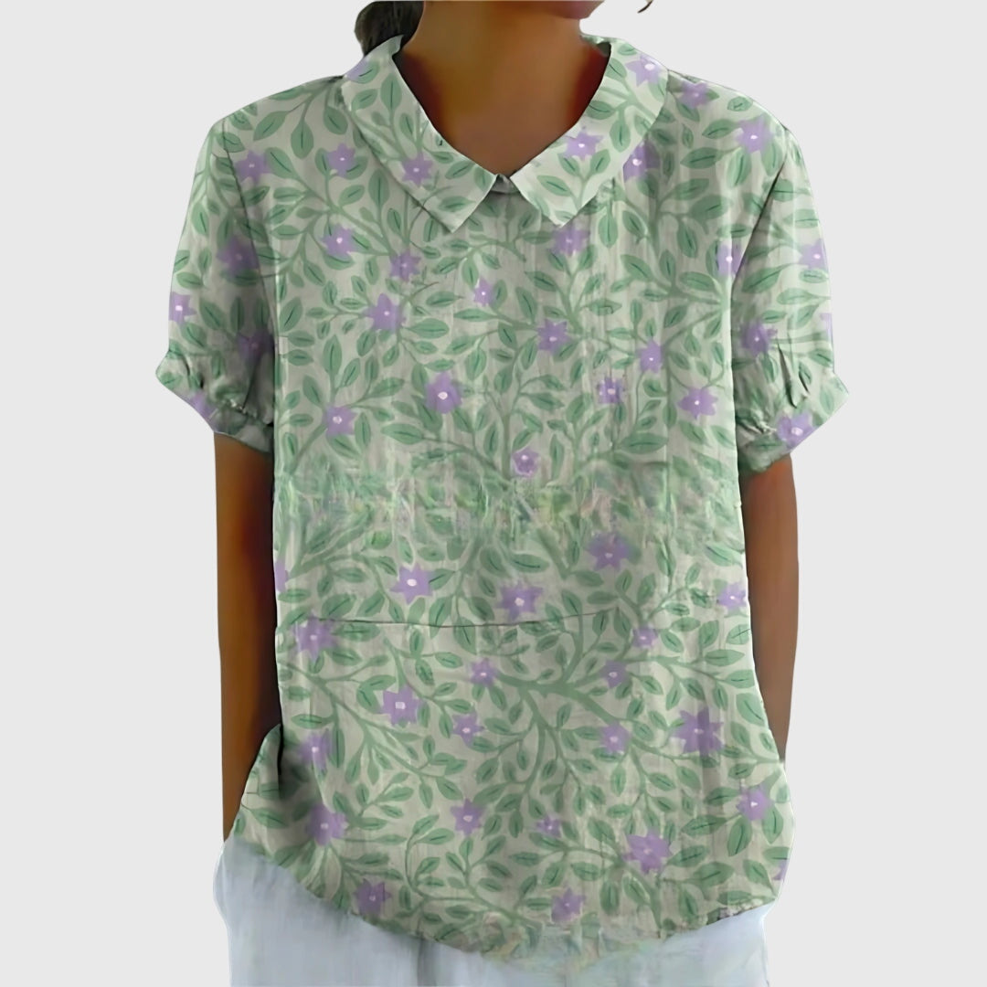Dame Blomstret Bluse med Korte Ærmer