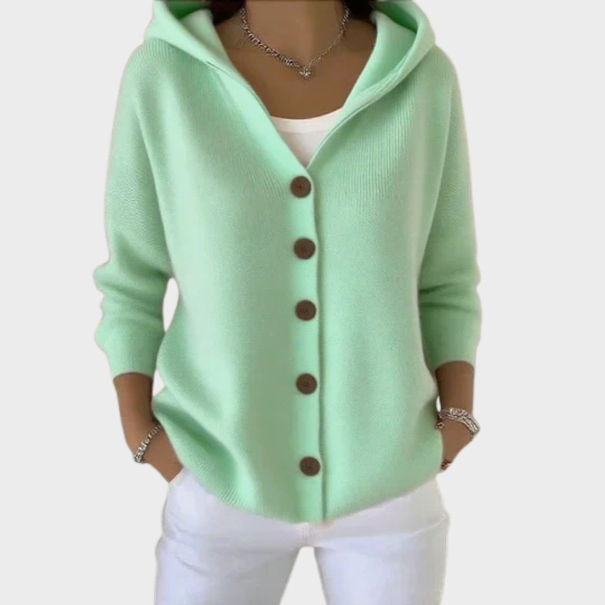 Dame Cardigan med Hætte og Knapper