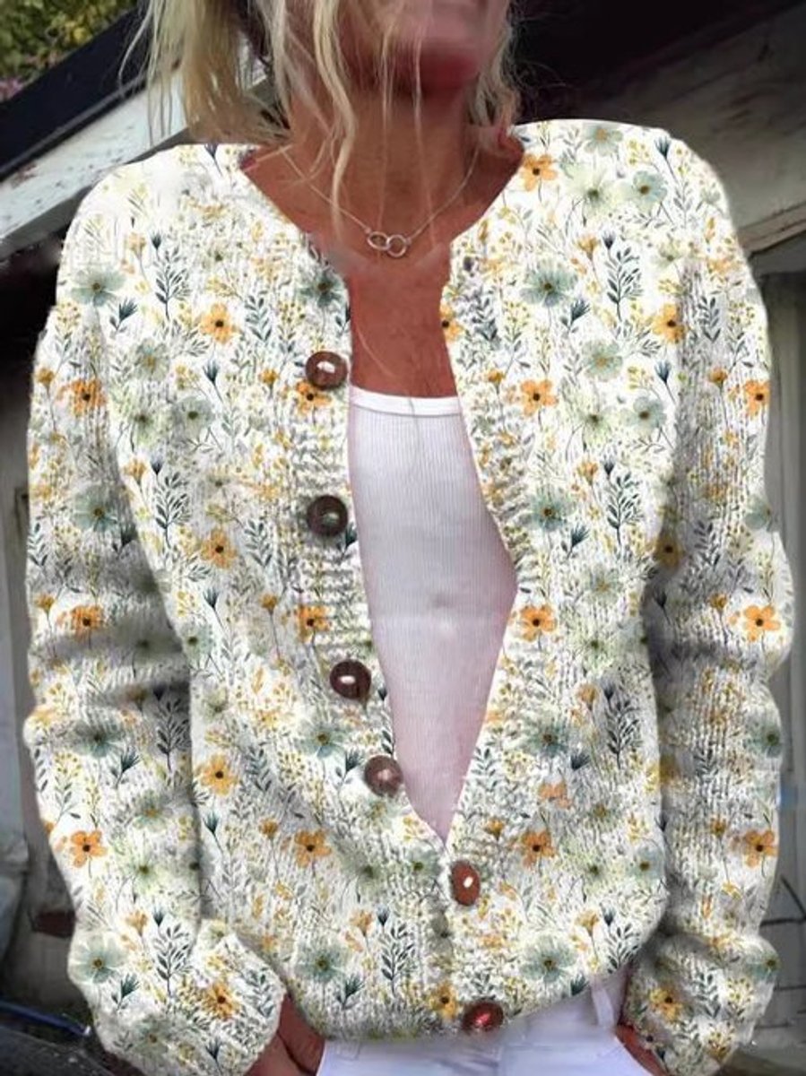 Dame Blomstret Cardigan med Knapper