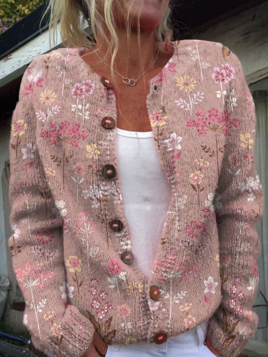 Dame Blomstret Cardigan med Knapper