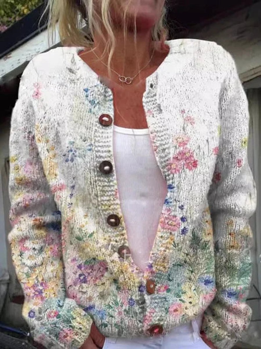 Dame Blomstret Cardigan med Knapper