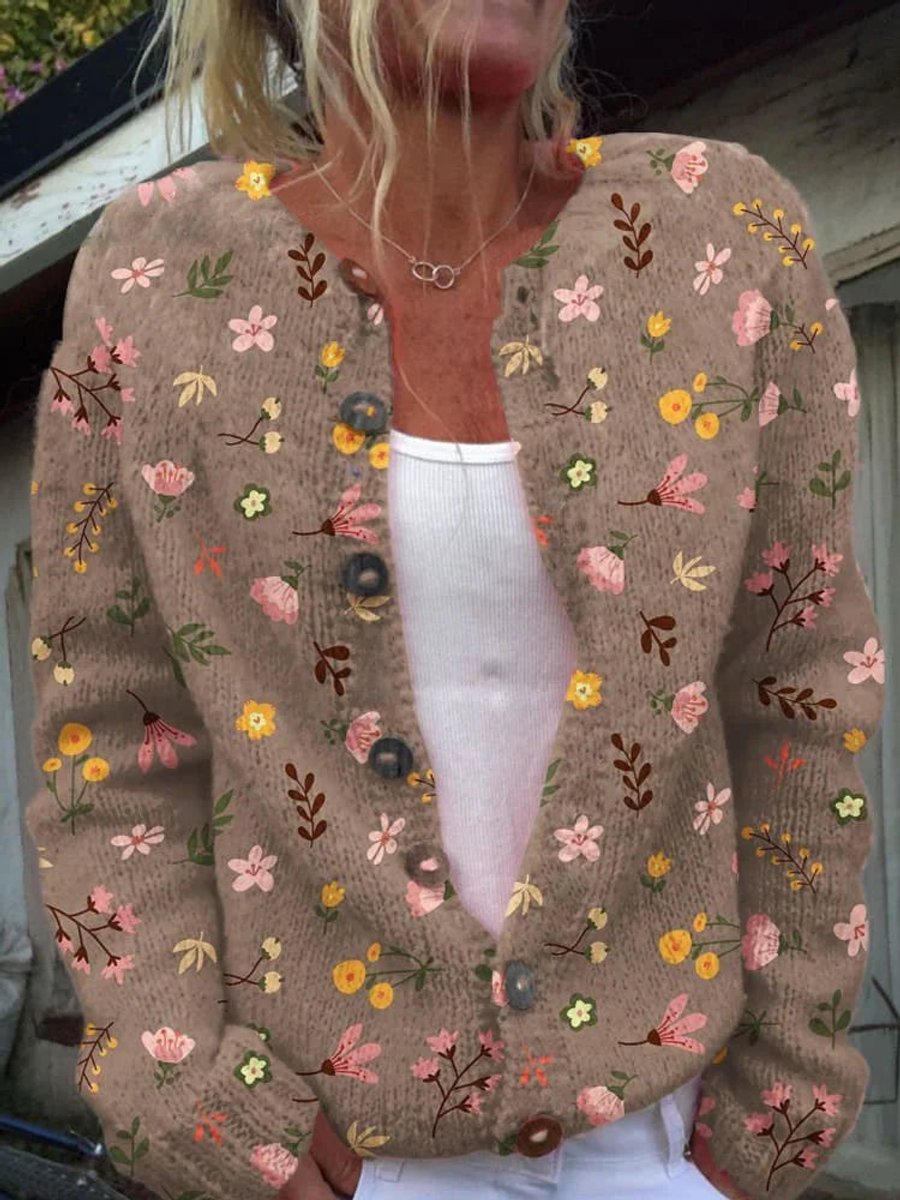 Dame Blomstret Cardigan med Knapper
