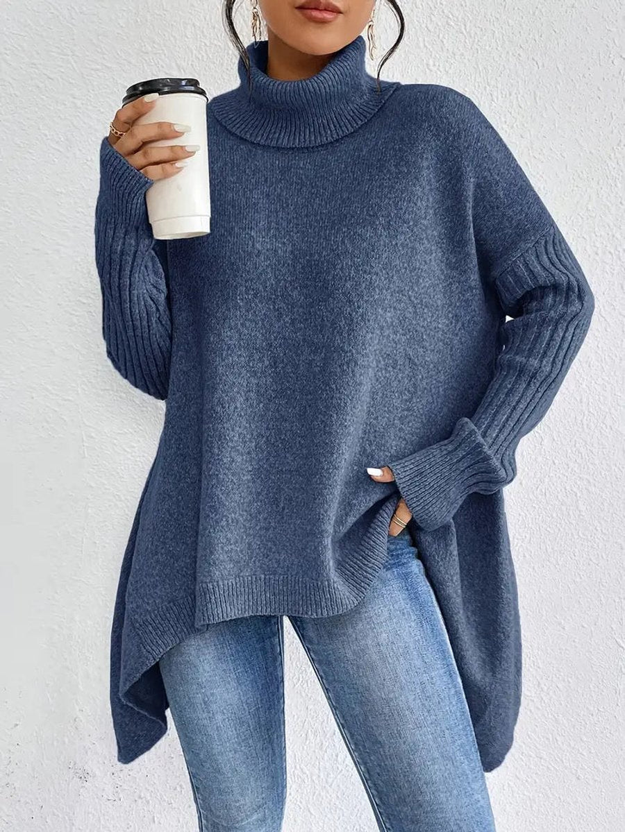 Dame Oversized Rullekravetrøje i Ribstrik