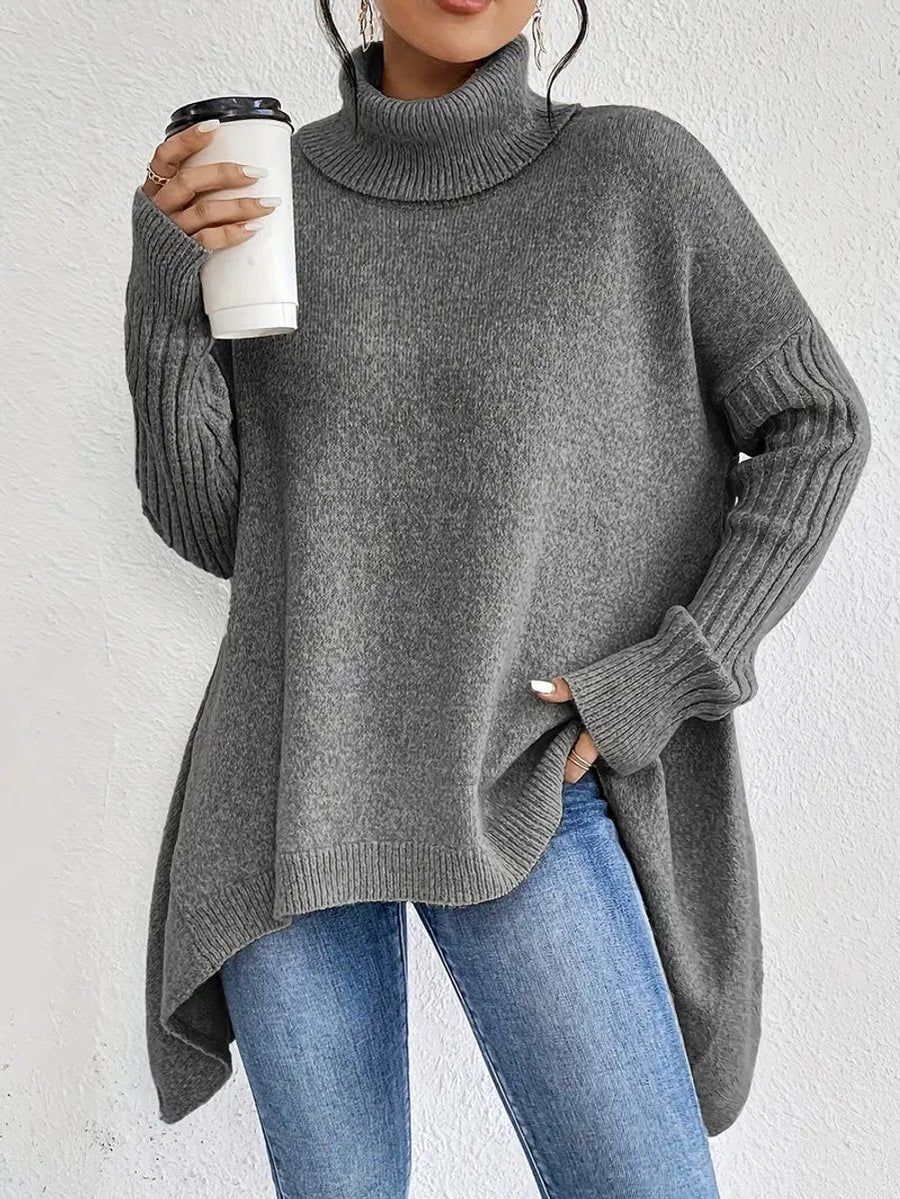 Dame Oversized Rullekravetrøje i Ribstrik