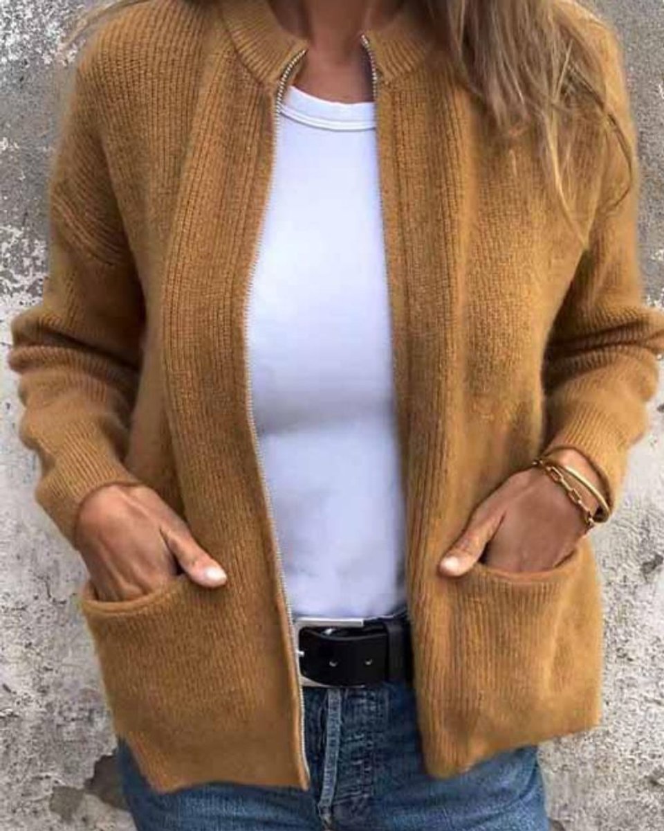 Dame Cardigan med Lynlås og Lommer