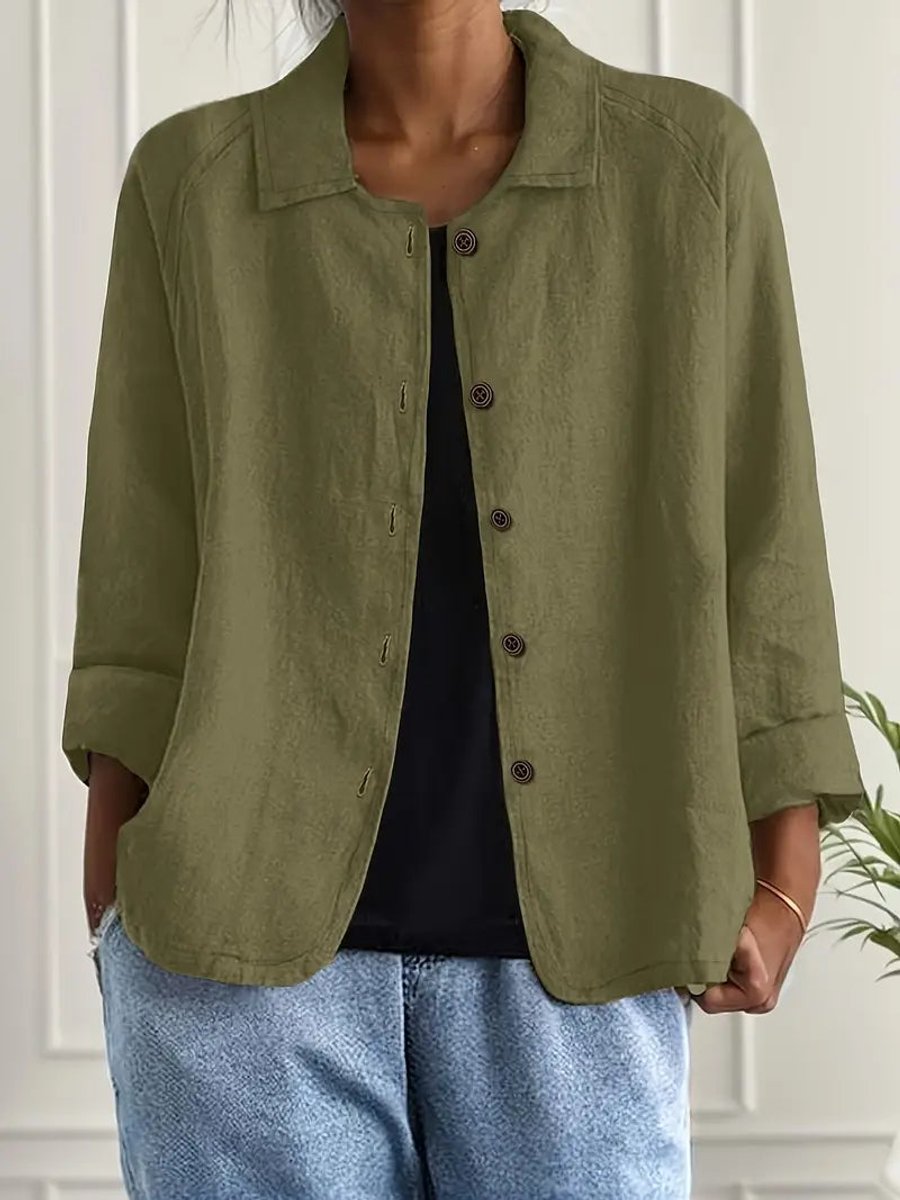 Dame Cardigan i Bomuld og Hør med Knapper