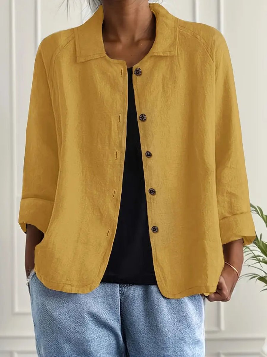 Dame Cardigan i Bomuld og Hør med Knapper