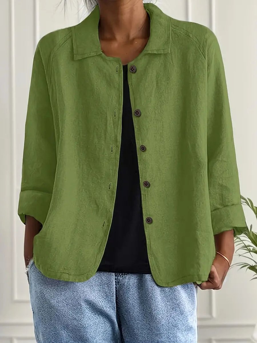 Dame Cardigan i Bomuld og Hør med Knapper