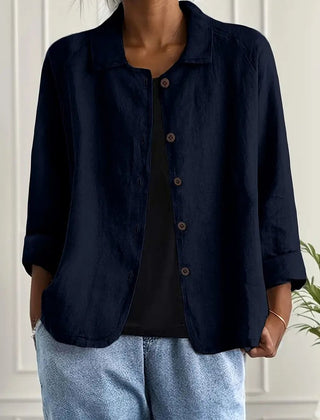 Dame Cardigan i Bomuld og Hør med Knapper