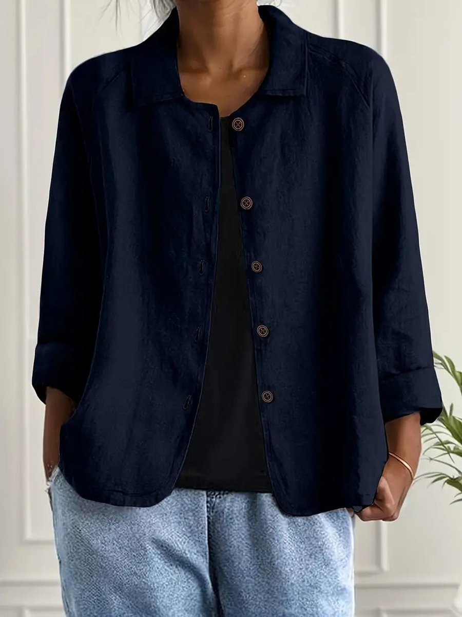 Dame Cardigan i Bomuld og Hør med Knapper