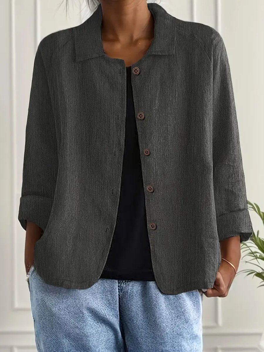 Dame Cardigan i Bomuld og Hør med Knapper
