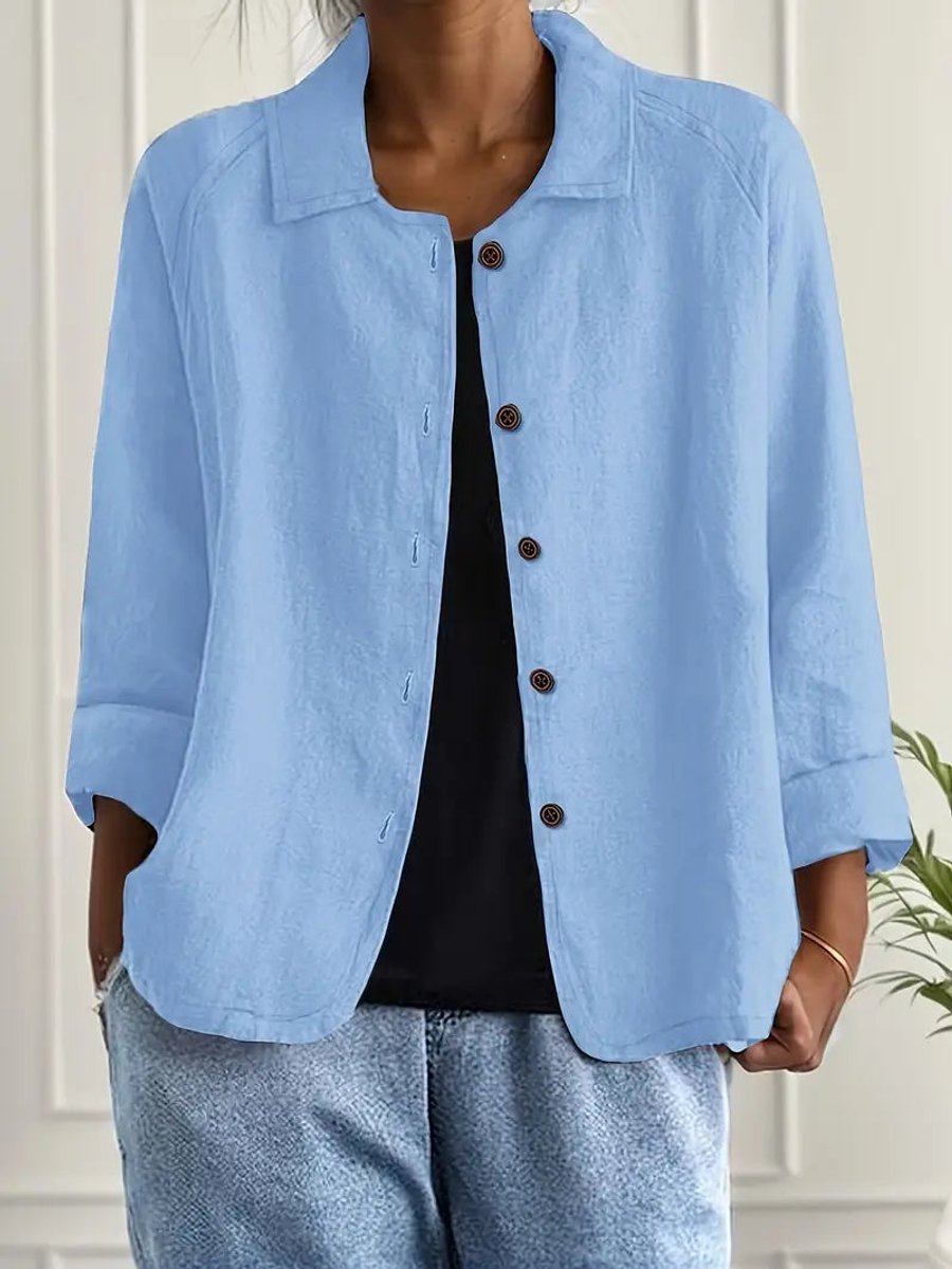 Dame Cardigan i Bomuld og Hør med Knapper