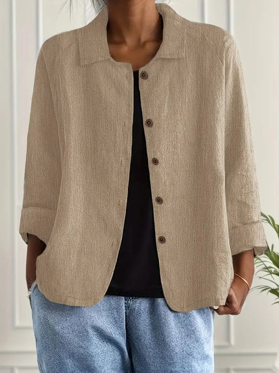 Dame Cardigan i Bomuld og Hør med Knapper