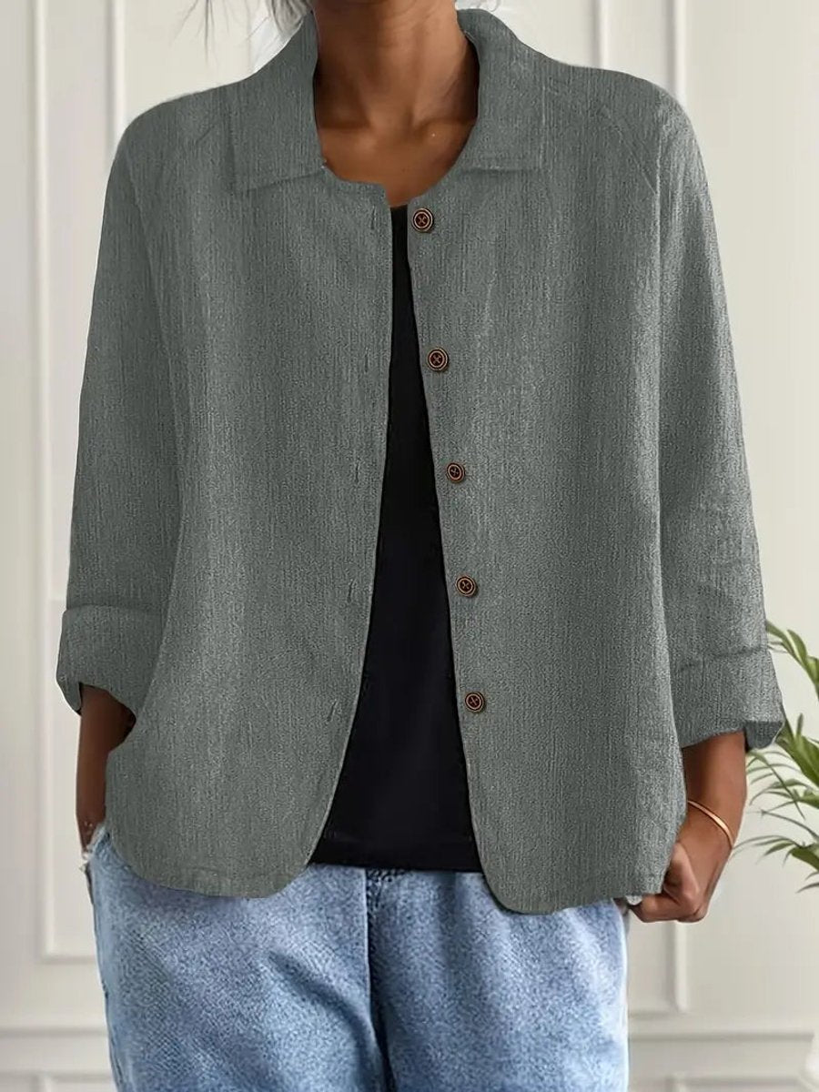 Dame Cardigan i Bomuld og Hør med Knapper