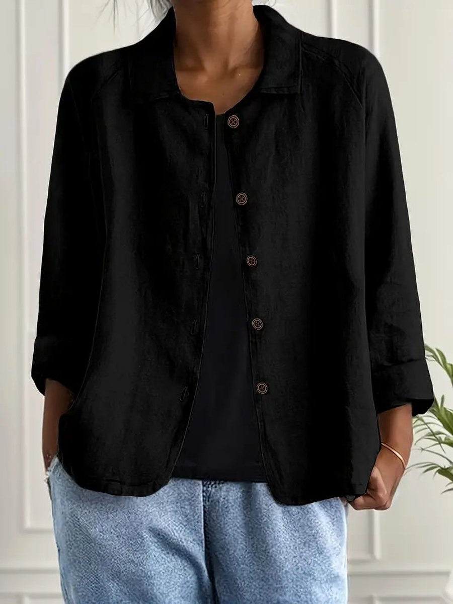 Dame Cardigan i Bomuld og Hør med Knapper