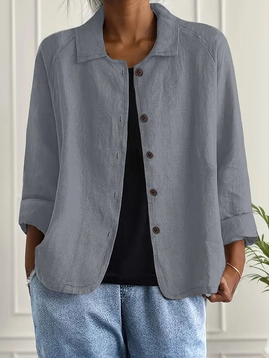 Dame Cardigan i Bomuld og Hør med Knapper